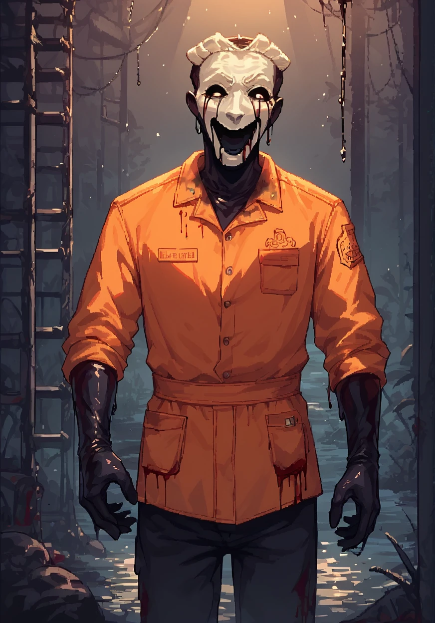 <lora:scp035-10:1> , best quality, source_anime,  score_9, score_8_up, score_7_up, male focus, scp035, cowboy shot, dark background, black gore, vomiting black blood, orange prison jumpsuit, , black pants, clothed, black slime, blood, covered in black slime, detailed prison cell background,, black hands,  <lora:d3p1x3lXLP:1> d3p1x3l, pixel art, , scenery, score_9, score_8_up, score_7_up, lots of details, highly detailed, detailed shading, detailed ambient light, detailed background, masterpiece,