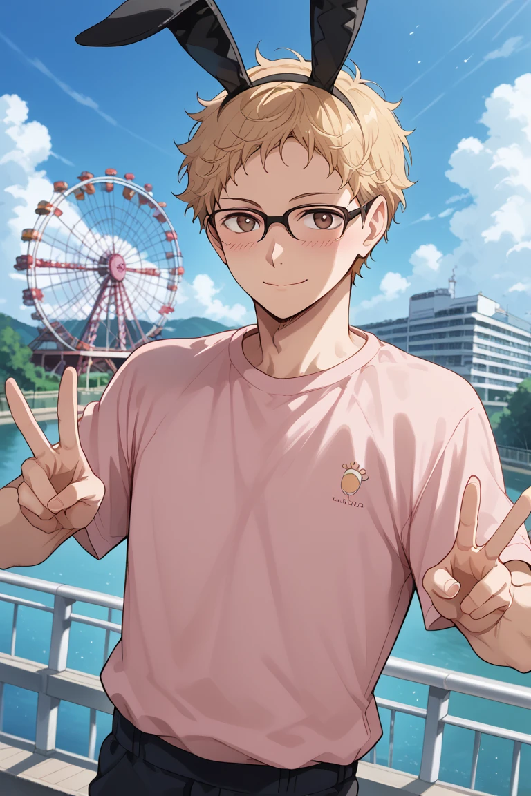 score_9, score_8_up, score_7_up, source_anime, rating_safe, day, natural lighting, windy, floating hair, floating clothes, male focus, double v, smiling, blushing, expressive face, KeiHU, blonde_KeiHU_short hair, black_KeiHU_glasses, brown_KeiHU_eyes, closed mouth, fake bunny ears, plain pink shirt, 1boy, blurry outdoors amusement park, ferris wheel, scenery, dutch angle, intricately detailed illustration, atmospheric perspective, depth of field