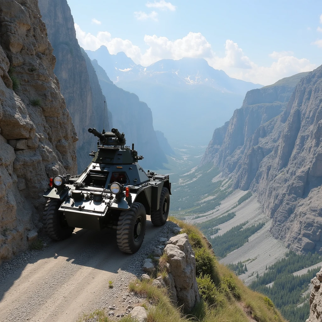 "Imagine an image in photorealistic detail, with the FV701 Ferret four-wheeled armored car hugging the edge of a narrow mountain pass, partially hidden by rocky outcroppings as it scans the distant valley below."