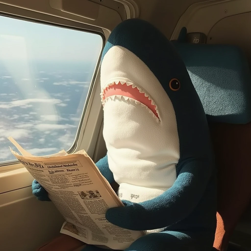 vintage, sunlit, blahaj toy shark sitting in the 1930s zeppelin cabin, reading a newspaper