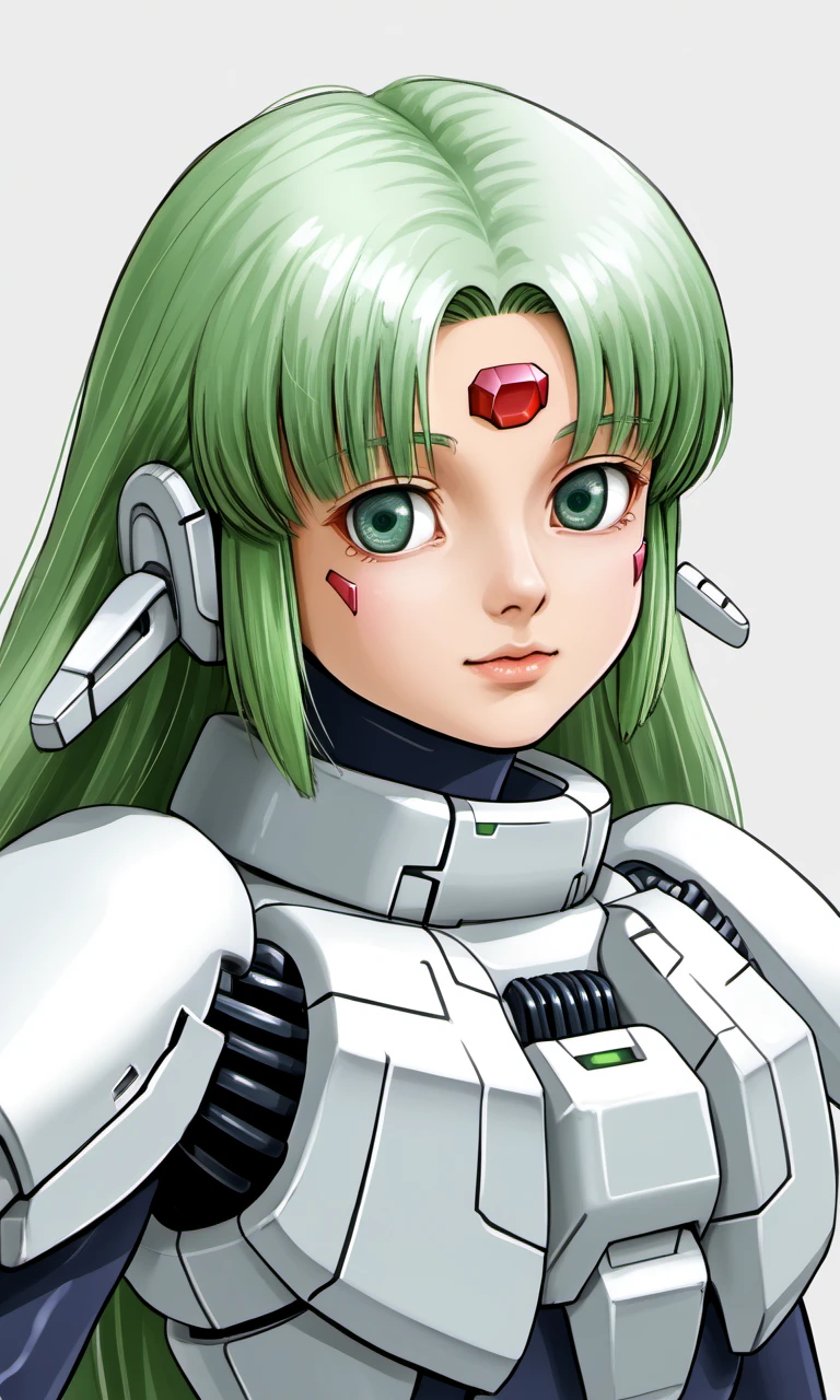 portrait, furena, 1girl, gynoid, green eyes, green hair, long hair, robot ears, forehead crystal, 