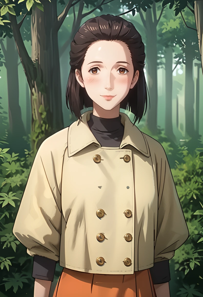 score_9, score_8_up, score_7_up, score_6_up, score_5_up, 1girl, <lora:Nobuko_Izumi_-_Parasyte:0.8> Nobuko Izumi, brown eyes, brown hair, yellow coat, orange skirt, pantyhose, big eyes, sexy, female focus, fantasy, expressive, skindentation, 1female, masterpiece, 32K HD, beautiful attention to detail, detailed eyes, shiny skin, showing lots of skin, wide lens, perfect hands, perfect eyes, 2d, anime, source_anime, anime screencap, anime coloring, flat shadows, flat colors, hentai, source_hentai, looking at viewer, smile, blush, zPDXL2, zPDXLxxx, mature content, nsfw, rating explicit, clothed female, uncensored, outdoors, forest, knee out of frame, feet out of frame, cowboy shot, upper body