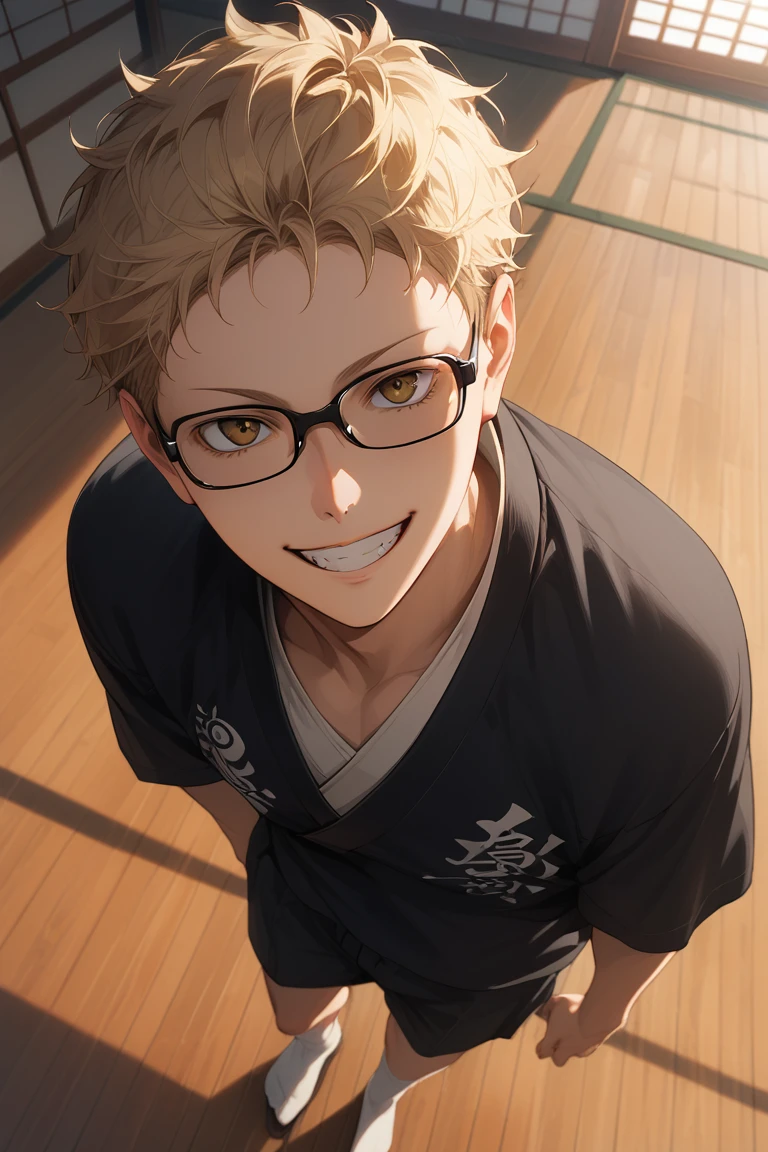 score_9, score_8_up, score_7_up, source_anime, rating_questionable, day, dark environment, backlighting, glowing, japanese theme, male focus, full body, leaning back, looking up at viewer, expressive face, KeiHU, blonde_KeiHU_short hair, black_KeiHU_glasses, brown_KeiHU_eyes, grin, teeth, japanese clothes, asymmetrical print on clothes, socks, 1boy, blurry indoors, wooden floor, scenery, from above, dutch angle, intricately detailed illustration, atmospheric perspective, depth of field