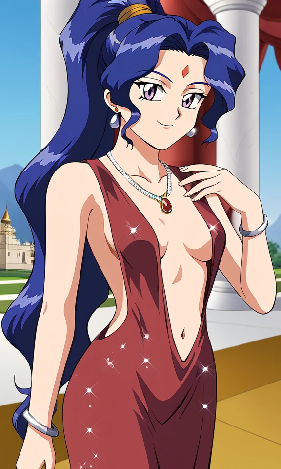 Alielle \(El Hazard\), long hair, blue hair, purple eyes, ponytail, forehead mark, retro artstyle, short, small breasts, smile, closed mouth, (sparkly evening gown, plunging neckline, navel, jewelry, necklace, earrings, bracelet, palace corridor)