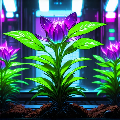 [ (comic book:1.3) | (hyper realism:2.25) | (anime:0.5) style] A series of genetically modified plants growing in a futuristic laboratory, with metallic leaves and bioluminescent petals in hues of neon purple and green. The metallic shine on the leaves contrasting strongly against the soft glow of the bioluminescent petals, giving each plant an otherworldly, almost mechanical look. Backlighting, Cstl, Soft bokeh effect, anime picture with shallow depth of field, rich and contrast colors, creating smooth blurred lighting in the background, vivid pallit colors, magical atmosphere, mystery, slight wariness, black and white balance, harsh shadows, harsh light.