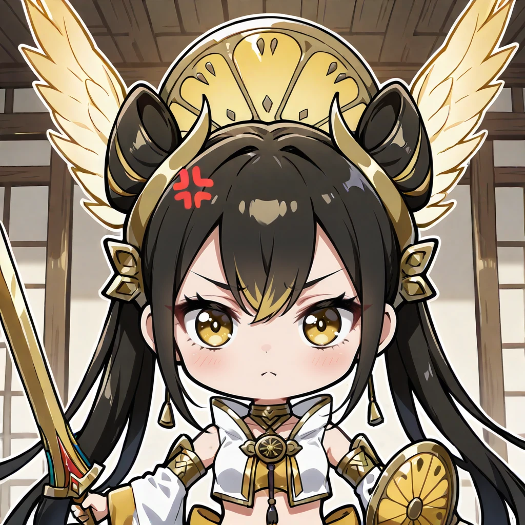 <lora:Ohime the Manifested Mikanko illuXL v1:0.65>,
ohime the manifested mikanko,1girl,solo,chibi,outstretched arms,sword,looking at viewer,yellow hair ornament,angry vein,closed mouth,upper body,head wings,lemon shield,white crop top,white detached sleeves,gold choker,yellow hair ring,
masterpiece,best quality,amazing quality,very aesthetic,absurdres,newest,