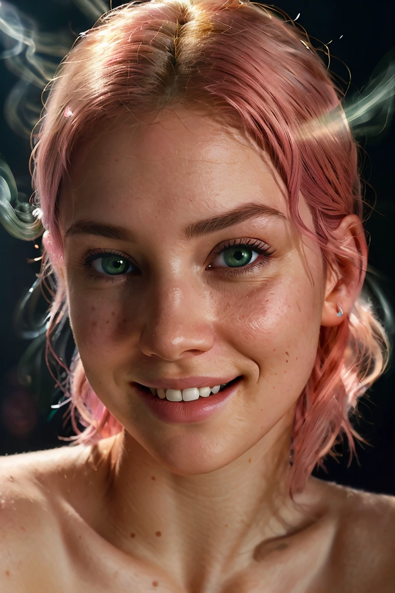 a (extreme close up of a pale woman with sunkissed skin and pink hair, grinning, bright smile and light green eyes), pouting lips, face blushing and peach fuzz BREAK
(in a dark room with simple black background, smoke and light beams) BREAK
raw picture, italian shot, lens flare, spot lights, sharp focus, intrincate details, photo realistic
