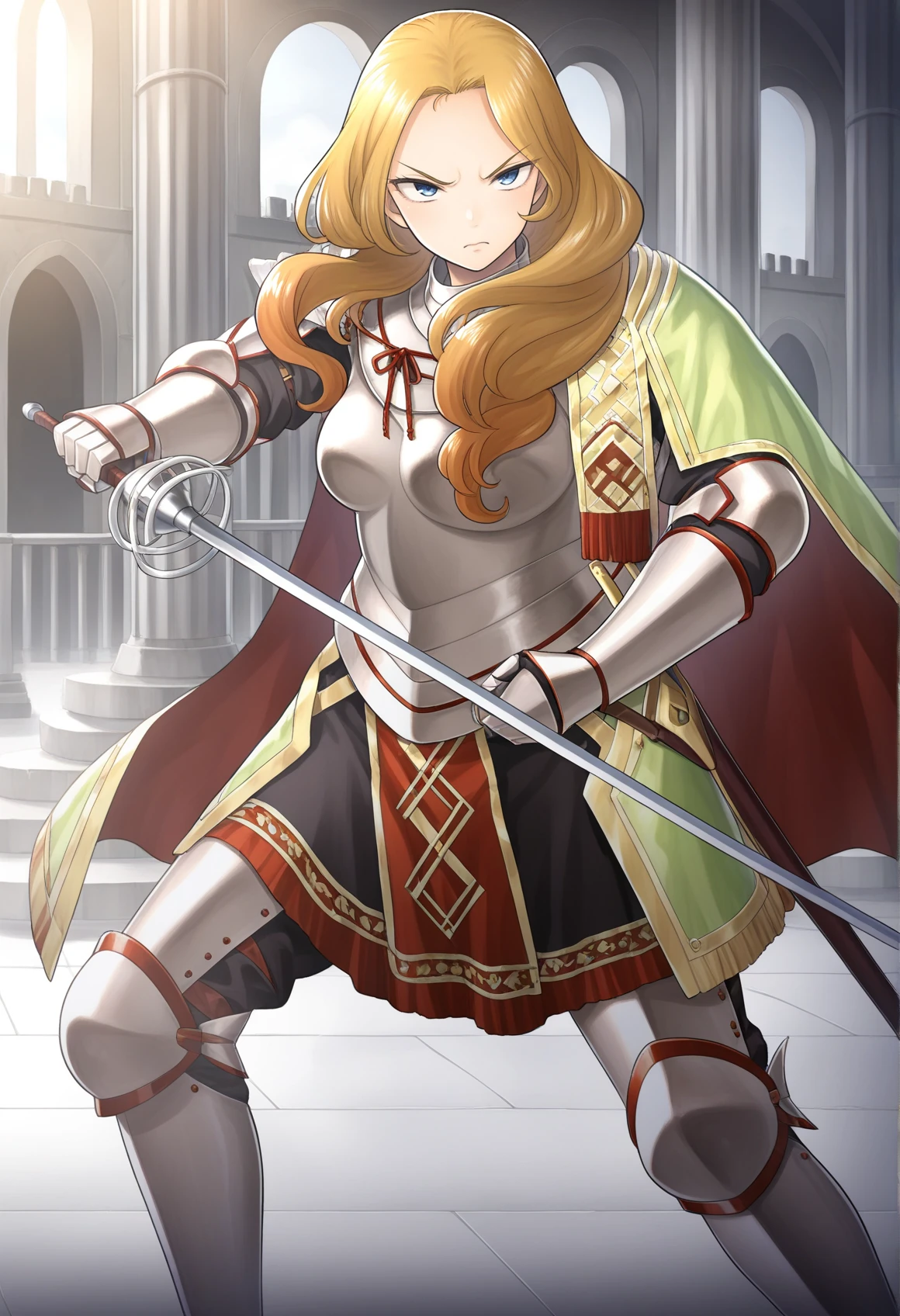 1girl, blonde hair, blue eyes, curly hair, full armor, cape, plate armor, gauntlets, skirt, greaves, serious, holding rapier, indoors, castle, fighting stance,  <lora:Elektra_Eiyuden:0.8>, masterpiece, best quality, amazing quality, very aesthetic, absurdres, highres, newest