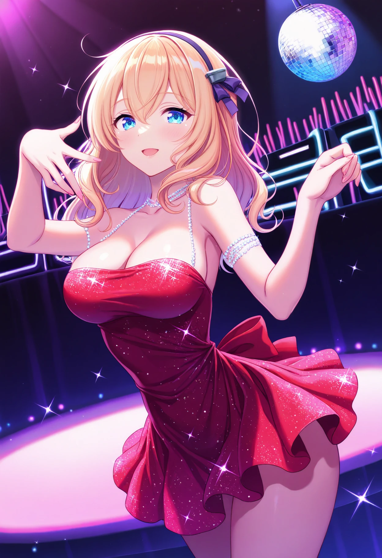 (masterpiece, very aesthetic:1.2), nightclub, disco ball, spotlight
BREAK 1girl, leandernai, dancing, party dress, red dress, glitter, sparkling clothing, joy
<lora:Leander_NAIXL_v10:0.8>