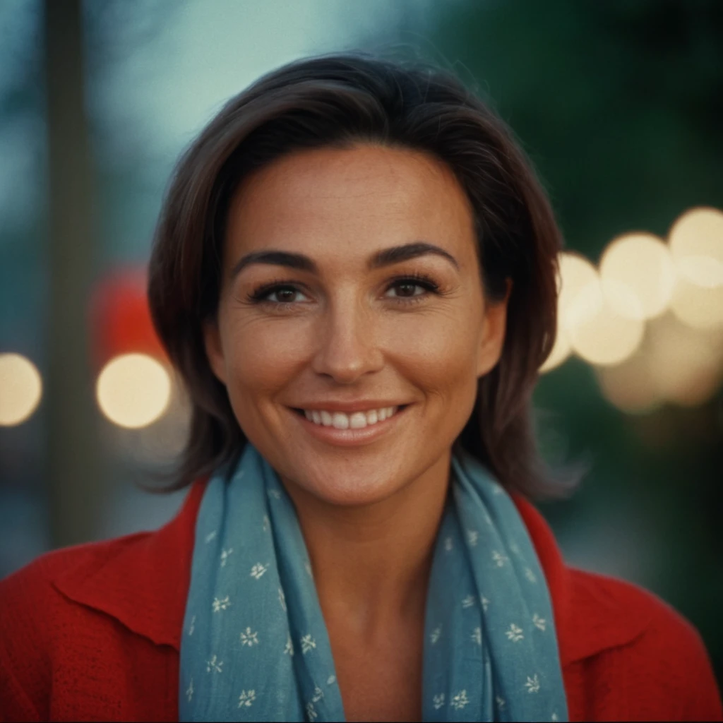 cinematic film still of  <lora:Aubrey1974:0.7> Aubrey1974
Film Stock Footage a woman with a scarf on smiling at the camera Kodak Ektar Film Style, shallow depth of field, vignette, highly detailed, high budget, bokeh, cinemascope, moody, epic, gorgeous, film grain, grainy