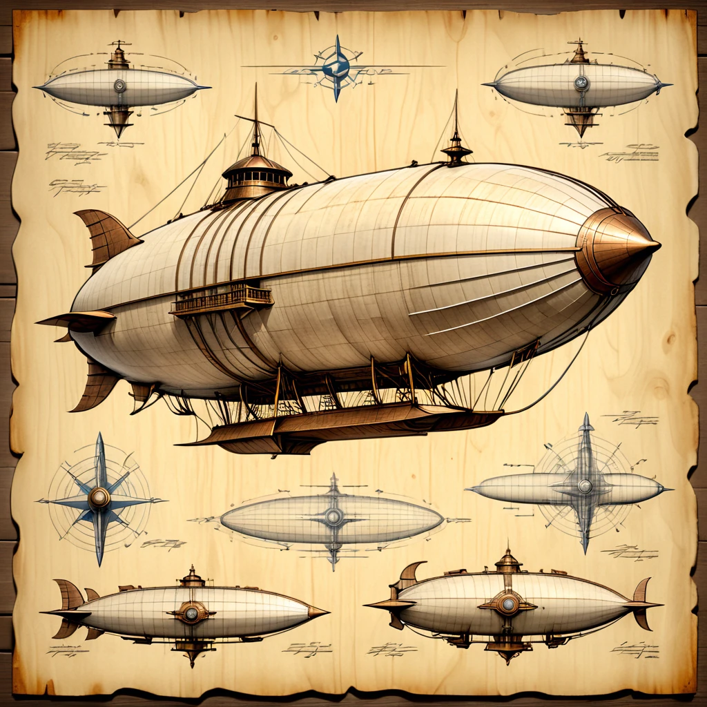 A blueprint of airship, technical drawing, Concept art, three-side view, 3D rendering, detailed background, detailed shading, drawing of bronze lines on birch wood paper, expressive style, featuring a aged texture and pointed edges, full-body shot, high resolution, highly detailed and intricate, natural lighting, on aged paper, showcasing the design in a primitive style, birch wood background, muted tone, ultra-realistic, with a aged texture on paper, a very detailed technical drawing with notes on old paper.   masterpiece, detailed, best quality, absurd resolution,  <lora:artfully_BLUPRNT3D:0.8>