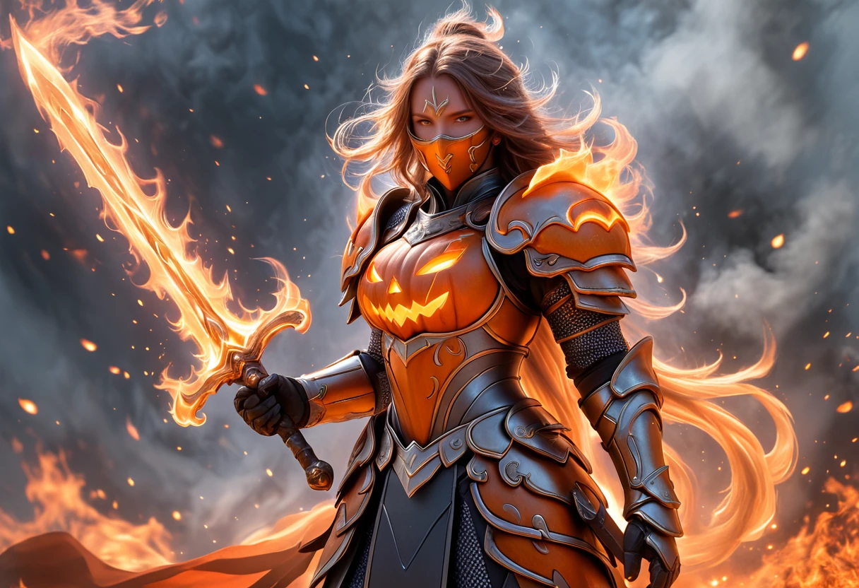 jackoknight, pumpkin armor, 1girl, A lone knight stands on the battlefield, surrounded by smoke and fire, her glowing armor a beacon of unwavering strength. With a sword gripped firmly in hand, the flames of battle reflect in her mask as long hair flows like a banner in the wind. Clad in full armor, from shoulder to gauntlets, she is ready for whatever the war may bring. The fire and smoke may rage, but this warrior's resolve remains unshaken, facing the chaos head-on, standing alone but unbroken.