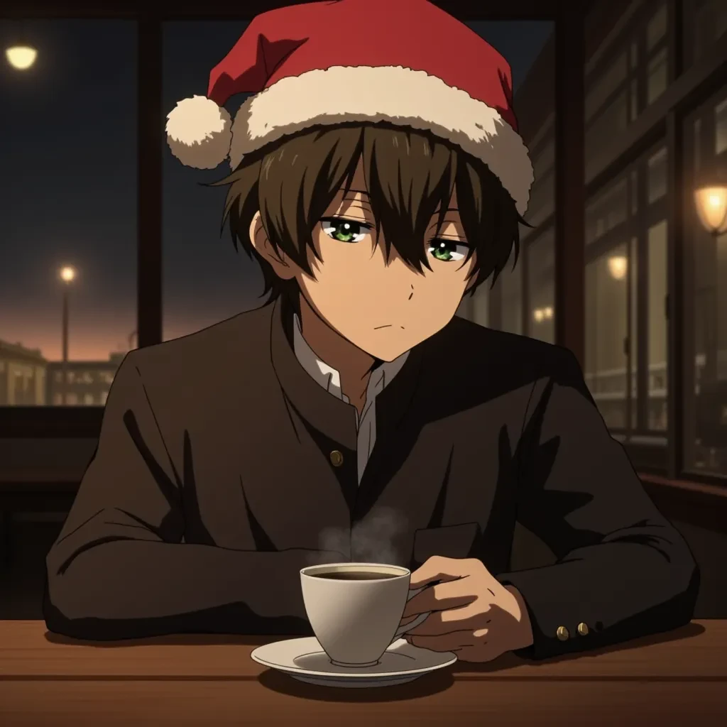 Hotaro Oreki sitting at a coffee table at night, indoor café setting, wearing a Santa hat with a neutral expression, digital illustration, anime art style, inspired by Kyoto Animation, cozy ambient lighting, close-up shot, highly detailed, vivid colors, uses 35mm lens, view from slightly above, (soft light:1.2), (artstation:1.1), (intricate details:1.15).