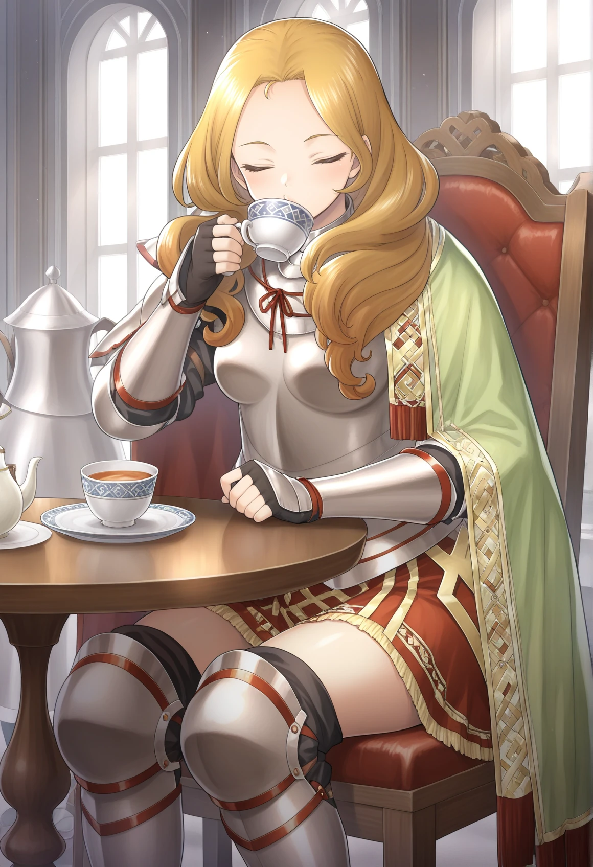 1girl, blonde hair, blue eyes, curly hair, full armor, cape, plate armor, gauntlets, skirt, greaves, sitting, closed eyes, chair, table, teapot, drinking, tea cup, indoors, mansion  <lora:Elektra_Eiyuden:0.8>, masterpiece, best quality, amazing quality, very aesthetic, absurdres, highres, newest