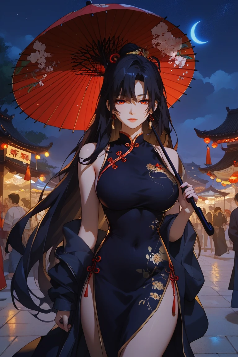 One woman,whole body,Big Breasts,Red long Chinese dress,Long black hair,Chinatown at night