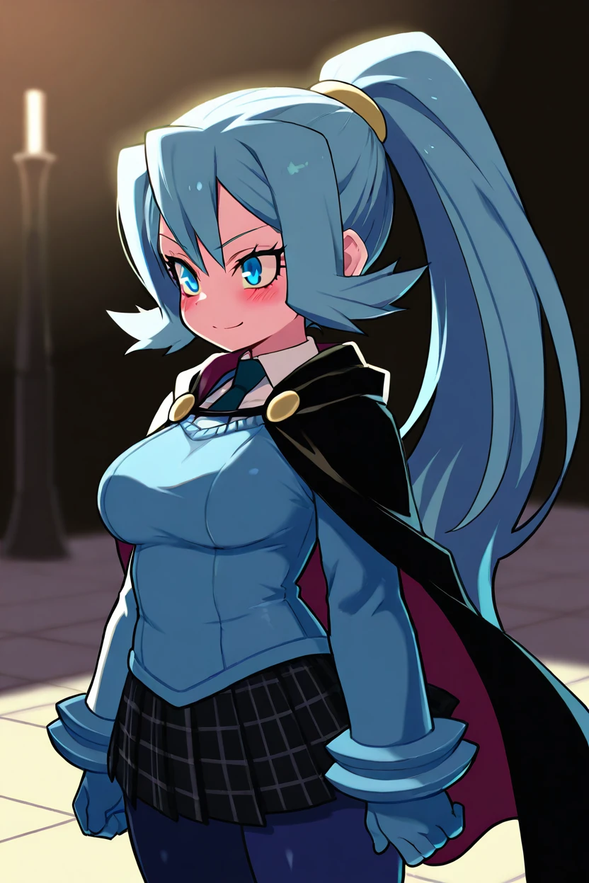 masterpiece, best quality, absurdres, medium breasts, (curvy), cute, eyelashes, vivid colors, BREAK, ,,, , ,,, zzClair, solo, 1girl, long hair, blue hair, blue eyes, ponytail, blue bodysuit, black cape, blue glove, <lora:ClairPokemonIXL_e08:1.0>, <lora:ZankuroStyleIllustrious_v3:0.6>, ,,, , ,,, smile, looking at viewer, ,,, closed mouth, alternate costume, smile, looking at viewer, collared shirt, blush, sweater, black skirt, eyelashes, long sleeves, sleeves past wrists, plaid skirt, blurry, tile floor, pleated skirt, white shirt, cowboy shot, ,,, BREAK, ,,, subsurface scattering, soft lighting, contemplative expression, dark background, subtle makeup, high-resolution, detailed texture, emotional depth, dramatic mood, side profile, serene atmosphere, cinematic lighting, eye contact, <lora:Dark_Academia_SDXL:0.8>,