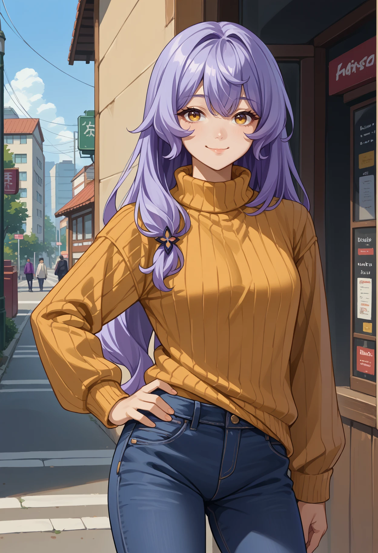 score_9, score_8_up, source_anime, 1girl, solo, BlkSwnHSR, purple eyes, yellow eyes, gradient eyes, purple hair, long hair, outdoors, sweater, ribbed sweater, jeans, hand on hip, waving at viewer, smile, <lora:ChamBlackSwanPonyXL:1>