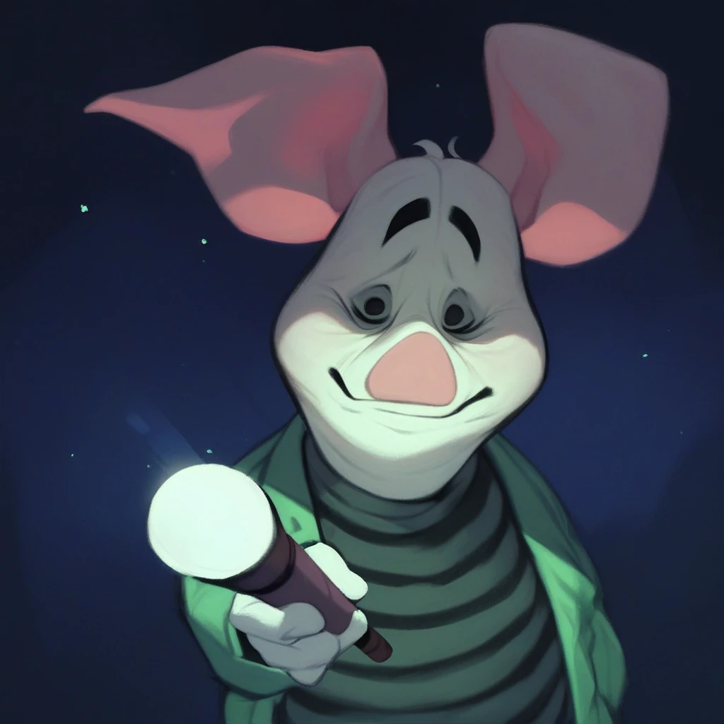 score_9_up, score_8_up, score_7_up, score_6_up, solo, SH_Piglet, furry male, pig, green jacket, holding a flashlight, (in a spooky old mansion), dark, night time, shadows, creepy atmosphere, (painted art)