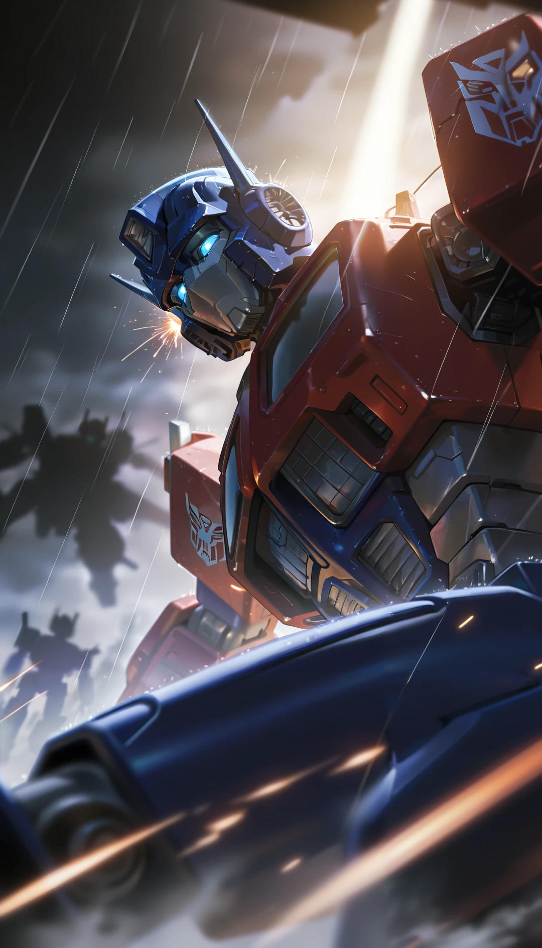masterpiece, best quality, amazing quality, very aesthetic, absurdres,  newest, scenery, transformers, optimus prime,  close-up, glowing, glowing eyes, gunpla, mecha, model kit, no humans, robot, science fiction, v-fin, dark background, rain, watercolor \(medium\), ((vignetting)), shaded face, depth of field, fog, silhouette, (sparks), jet engine, (close-up), dutch angle, dynamic pose, photorealistic, , masterpiece, best quality, amazing quality, very aesthetic, absurdres,  newest, scenery, volumetric lighting, motion blur, 