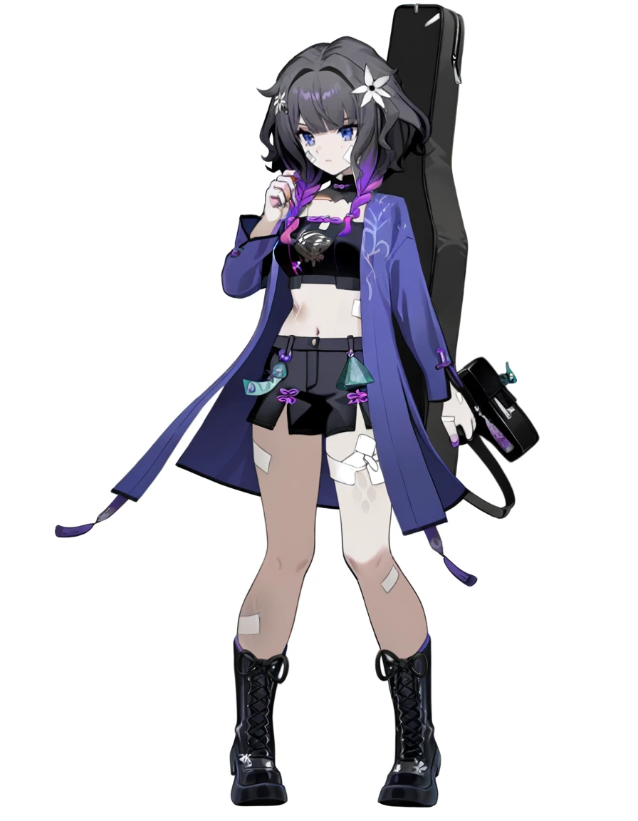 xytx-yelai,1girl,solo,tachi-e,white background,boots,multicolored hair,full body,hair ornament,black hair,shorts,purple hair,black shorts,hair flower,flower,black footwear,jacket,bandaid,holding,instrument case,blue eyes,gradient hair,open clothes,<lora:yelai_noob:1>,masterpiece,best quality,very aesthetic,absurdres,