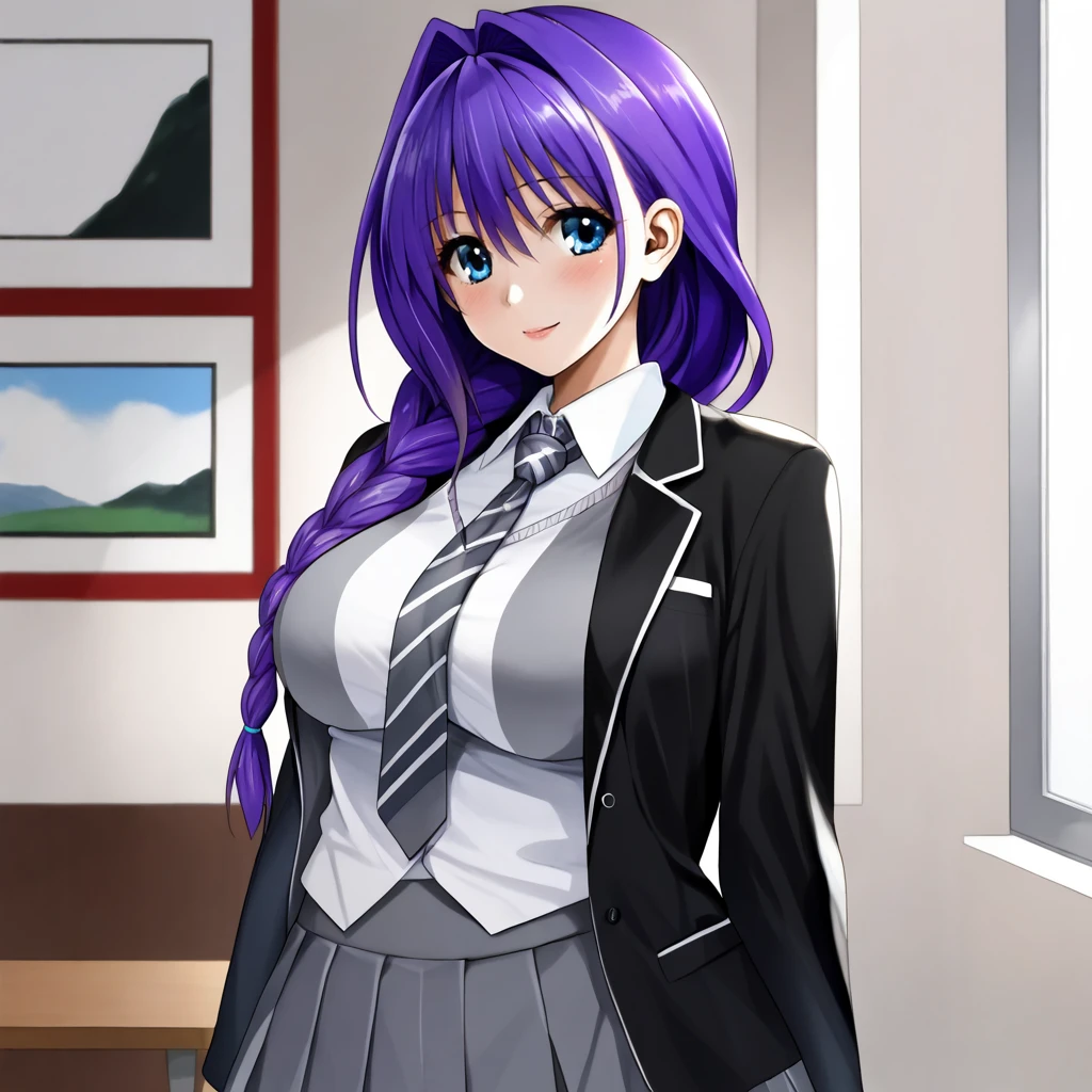 <lora:akikokanon_pony_v1:.7> AkikoKanon, 1girl, large breasts, mature female, single braid,  blue eyes, purple hair,  hair intakes, long hair,  hair over shoulder, cowboy shot, <lora:1014 Home wear 32_v1_pony:1> uanyi1014,black jacket,grey skirt,grey vest,pleated skirt,striped necktie,clasp,