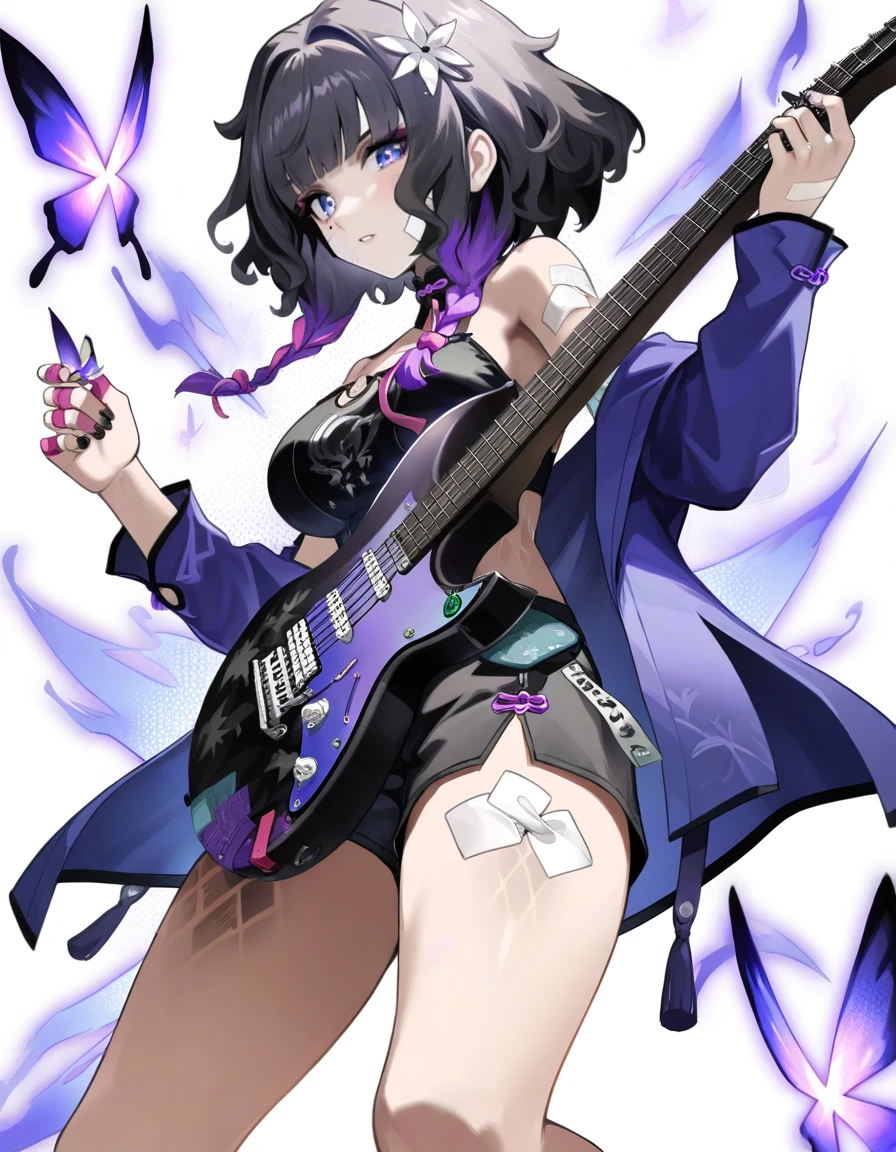 xytx-yelai, 1girl, solo, instrument, transparent background, shorts, holding, purple hair, holding instrument, multicolored hair, breasts, guitar, black shorts, butterfly, bandaid, bug, hair ornament, plectrum, bandages, braid, leg tattoo, flower, jacket, black hair, black nails, looking at viewer, blue eyes, open clothes, hair flower, purple eyes, shirt, electric guitar, off shoulder, bandaid on face, short hair, purple jacket, short shorts,<lora:yelai_noob:1>,masterpiece,best quality,very aesthetic,absurdres,