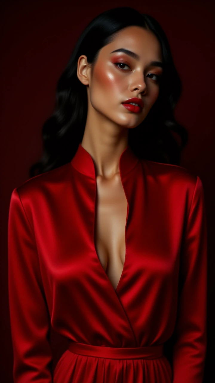 A half-body shot of a model in a crimson silk blouse with a plunging neckline, her skin glowing against the rich red fabric. Her makeup is soft yet alluring, with warm tones and a subtle highlight, creating a luxurious and inviting atmosphere,<lora:BetterPortraits:1>