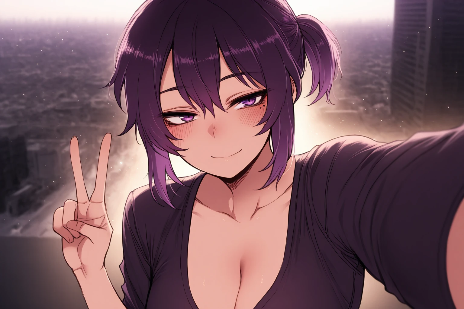 masterpiece, best quality, good quality, city, depth of field, blurry background,photo background, <lora:kgirl-illustXL-civit-000002:1> kgirlra, purple eyes, short ponytail, purple hair, mole under eye,selfie,v,smile, solo focus, light particles, light rays,cleavage, reaching towards viewer, high contrast,