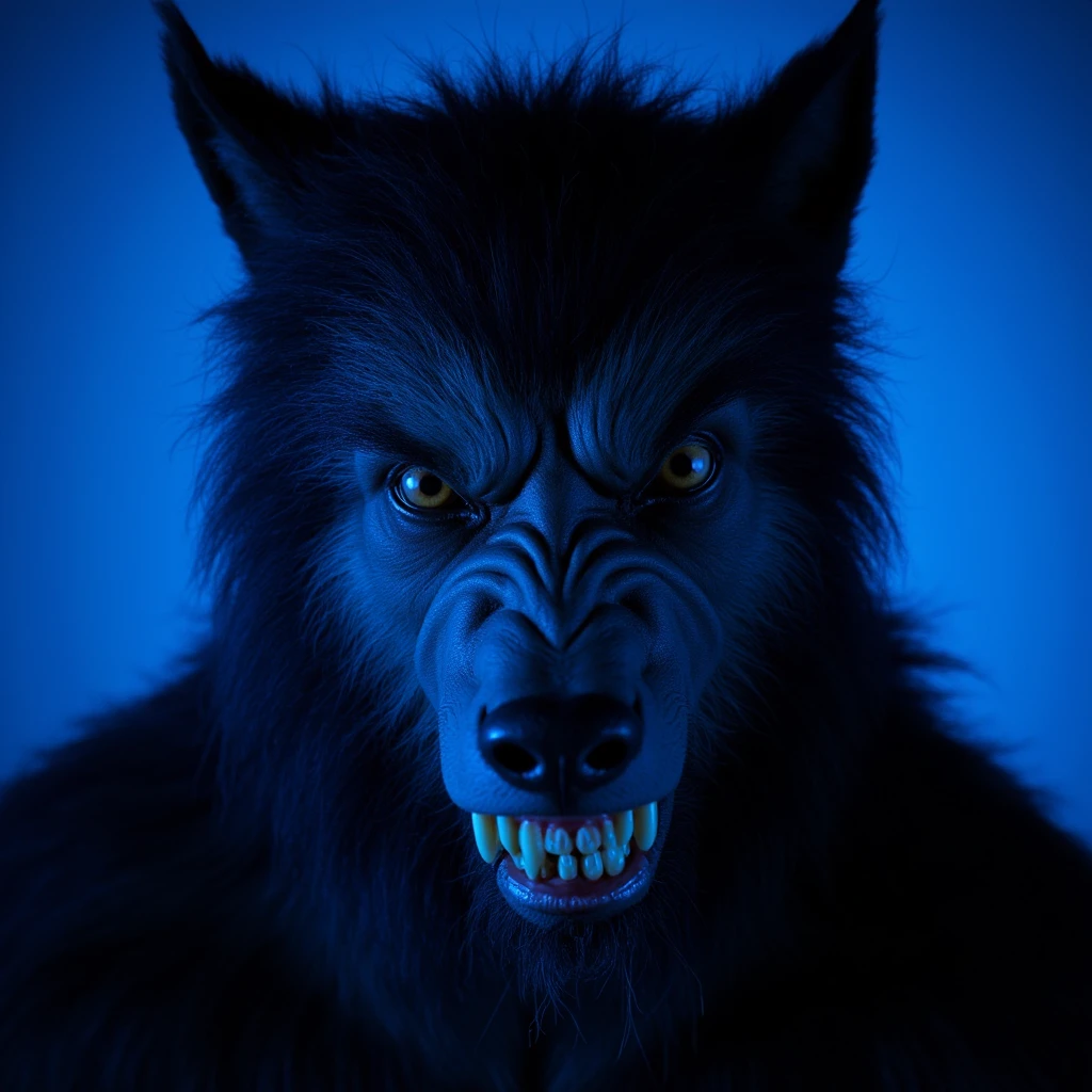 UHD, 4k, ultra detailed, cinematic, a photograph of  <lora:Werewolf style v1:0.7>
a close up of a Werewolf with a creepy look Werewolf Style, solo, looking at viewer, black hair, teeth, colored skin, blue background, traditional media, portrait, blue theme, horror (theme), photorealistic, beast, blue moonlight shining on face, blue themed, staring, surprised, epic, beautiful lighting, inpsiring