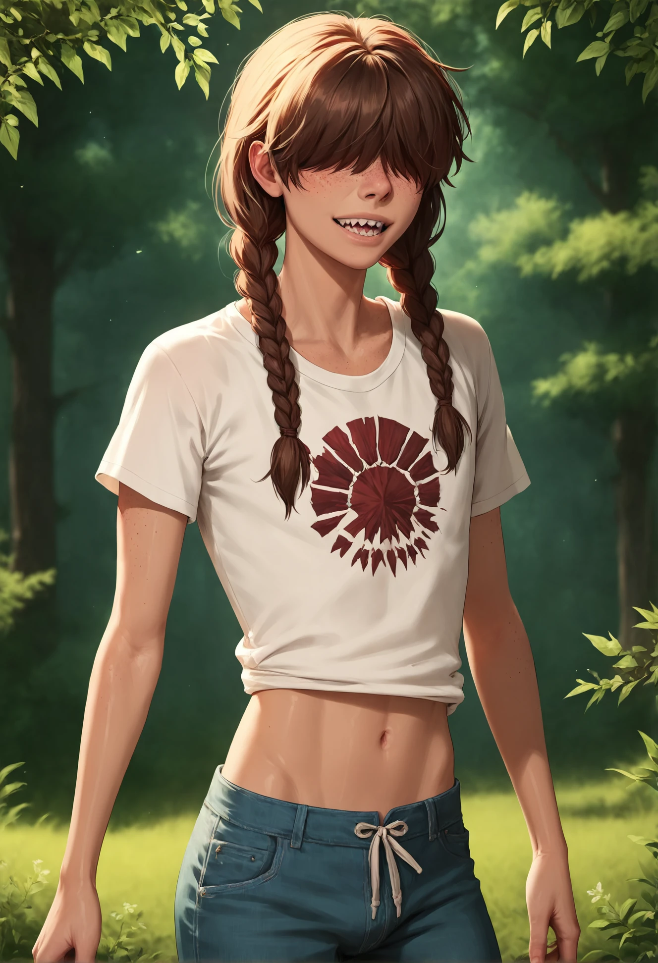 score_9, score_8_up, score_7_up, realistic, middle range shot, dramatic lighting, 
 <lora:Ellie:.7> ellie, femboy, hair covers eyes, braids, pigtails, twin braids, freckles, tan, 1boy
, solo, teeth, sharp teeth,  t shirt, midriff, 
standing,
looking at viewer, 
woodland background, trees,, score_9, score_8_up, score_7_up, intricate details, rating_safe, fantasy setting,
depth of field, detailed background,
<lora:ral-chrosc-clr:0.5>, ral-chrosc-clr,
<lora:Expressive_H:0.5>, expessiveH,
<lora:xl_more_art-full_v1:0.3>,
<lora:add-detail-xl:0.3>