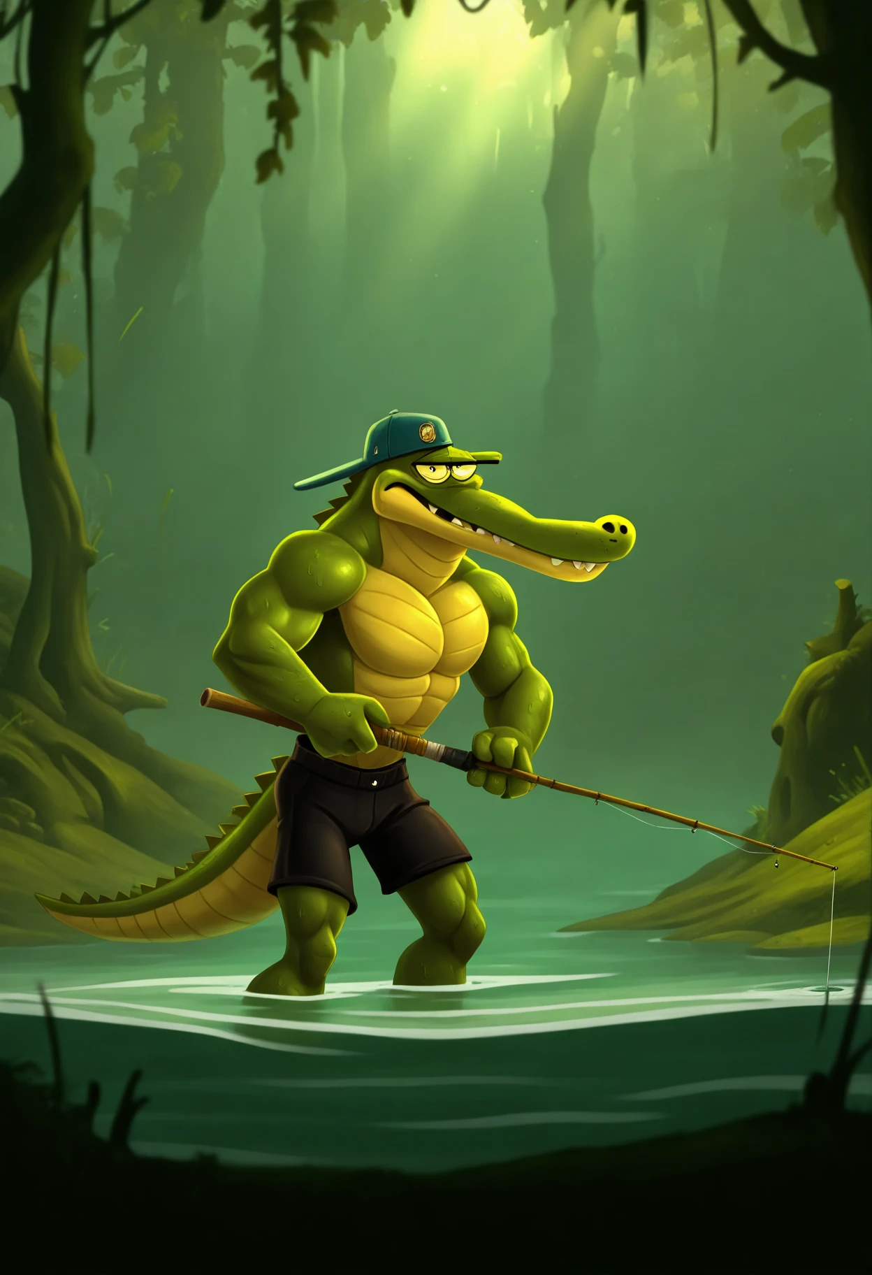 masterpiece, best quality, absurdres, very aesthetic, raymanstyle, 1boy, solo, crocodile, furry, green scales, scaly skin, upper body, muscular, fishing, holding, fishing rod, swamp, baseball cap, black shorts