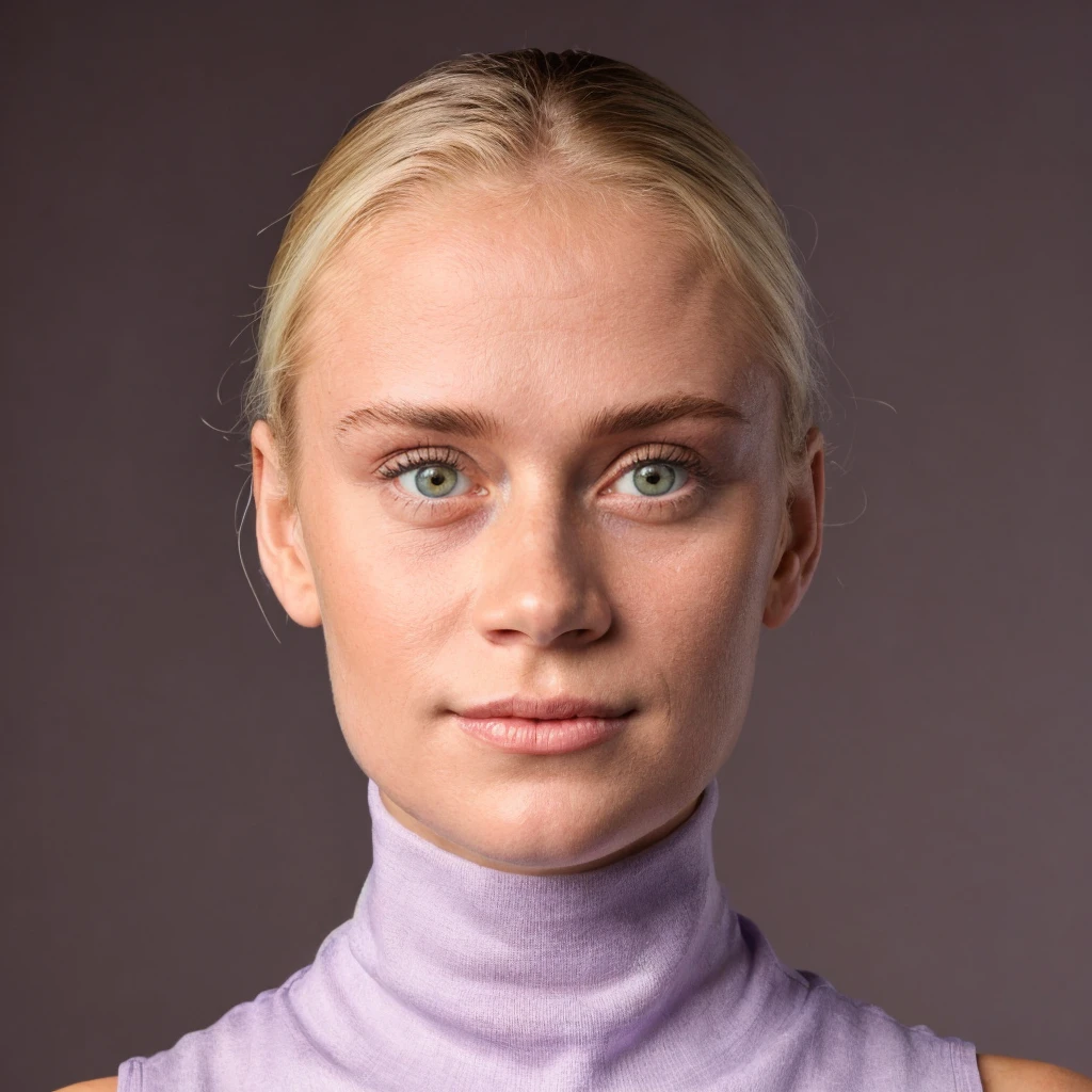 1girl, ultrarealistic, real photo, detailed skin, visible pores, photorealistic, headshot, looking at viewer, woman wearing violet sleeveless turtleneck, (plain simple background)
 <lora:kmk03_dk_lora_v02:1> kmk03, blonde