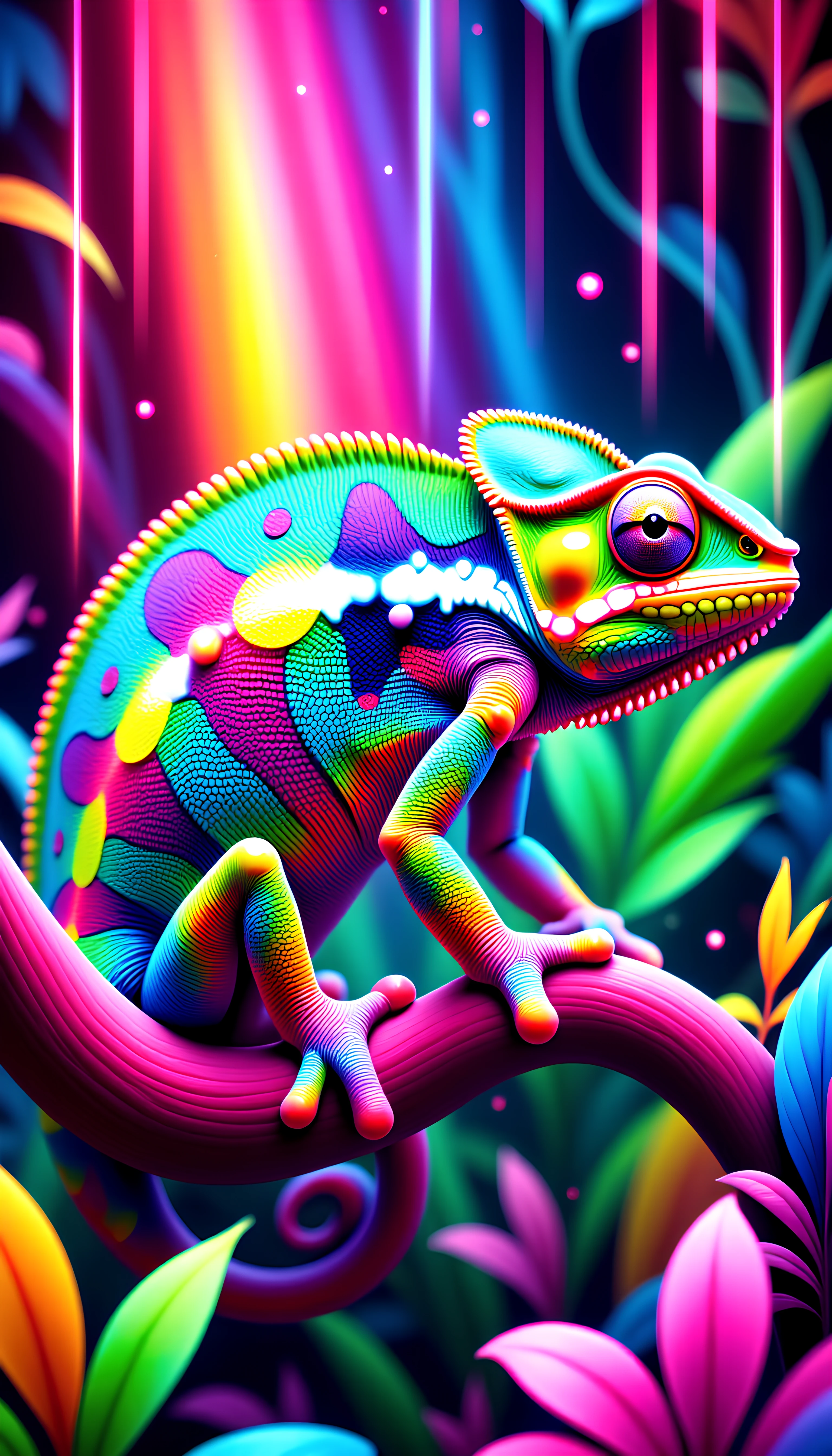 A vibrant chameleon in the PsyDreamer style, with its skin pulsating in a spectrum of hypnotic colors - neon greens, electric blues, vivid purples, and warm pinks - shifting and blending like liquid light. Its body is covered in kaleidoscopic, swirling patterns that seem to move and morph with every breath, creating a mesmerizing, trippy effect. The chameleons eyes rotate independently, reflecting tiny sparkles of rainbow light as it scans its surreal, dreamlike surroundings. Around it, ethereal beams of color filter through an abstract jungle, casting soft, glowing reflections on the creatures body. The entire scene is wrapped in harmonic pastel and neon tones, enhancing the magical, otherworldly atmosphere and capturing the essence of the PsyDreamer vibe.