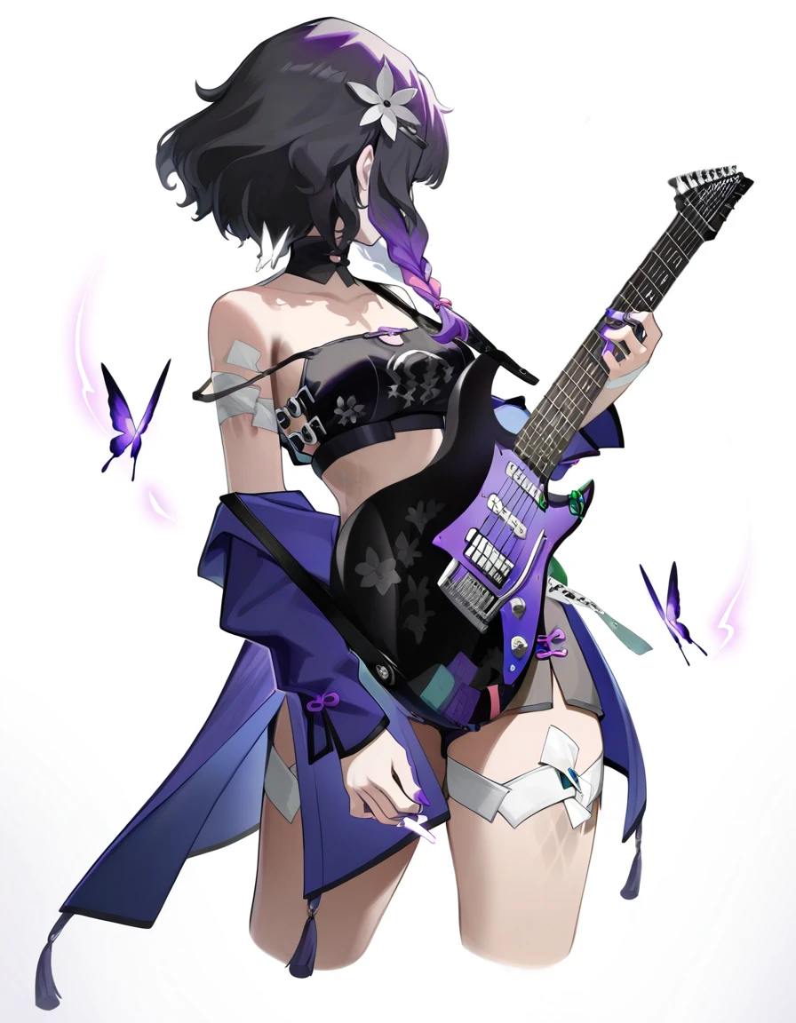 xytx-yelai, 1girl, solo, instrument, guitar, bug, multicolored hair, butterfly, black hair, holding, holding instrument, purple hair, purple jacket, collar, hair ornament, braid, jacket, electric guitar, white background, playing instrument, crop top, off shoulder, simple background, music, breasts, skirt, black collar, strap slip, flower, hair flower, cropped legs, purple nails,<lora:yelai_noob:1>,masterpiece,best quality,very aesthetic,absurdres,