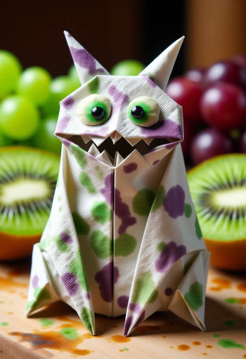 <lora:Napkin_Origami_Orchestrator_FLUX:0.8>
This is a photograph featuring an origami monster made from a single paper napkin, intricately folded with a white base color, splattered with green, purple, and black stains, giving it a unique, artistic appearance. There are kiwis, grapes, and olives in the background.