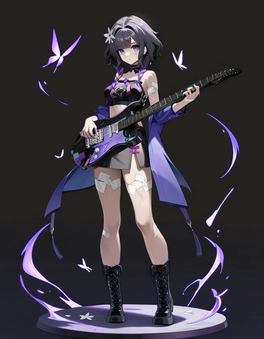 xytx-yelai, 1girl, solo, instrument, boots, full body, black hair, holding, multicolored hair, holding instrument, hair ornament, black footwear, guitar, bug, purple hair, blue eyes, jacket, flower, hair flower, looking at viewer, standing, braid, white background, butterfly, cross-laced footwear, breasts, simple background, purple jacket, long sleeves, choker, lace-up boots, skirt, open clothes, gradient hair, electric guitar,<lora:yelai_noob:1>,masterpiece,best quality,very aesthetic,absurdres,