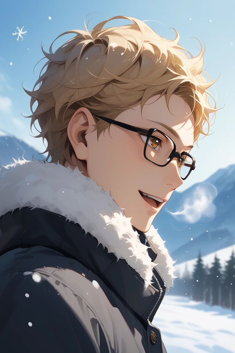 score_9, score_8_up, score_7_up, source_anime, rating_safe, day, natural lighting, winter theme, snow, snowing, snowflakes, mountain, breath, male focus, leaning back, looking away, smiling, expressive face, KeiHU, blonde_KeiHU_short hair, black_KeiHU_glasses, brown_KeiHU_eyes, open mouth, winter clothes, fur trim, 1boy, blurry outdoors, scenery, from side, from below, dutch angle, intricately detailed illustration, atmospheric perspective, depth of field