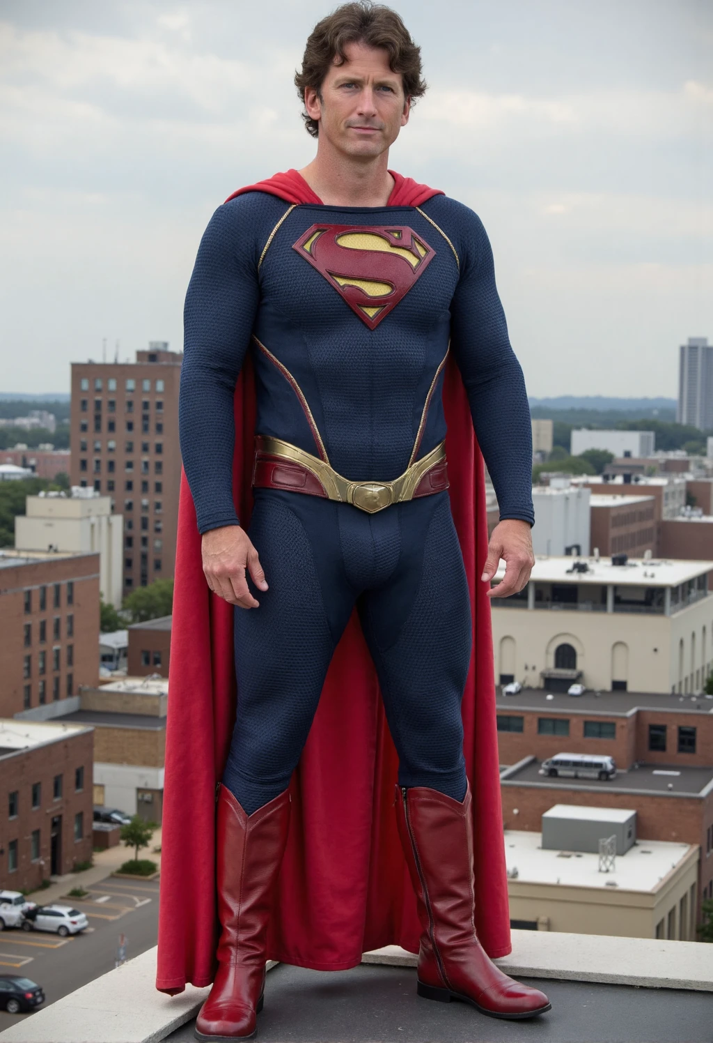 photograph of Todd Howard dressed like Superman, standing on the roof of a building