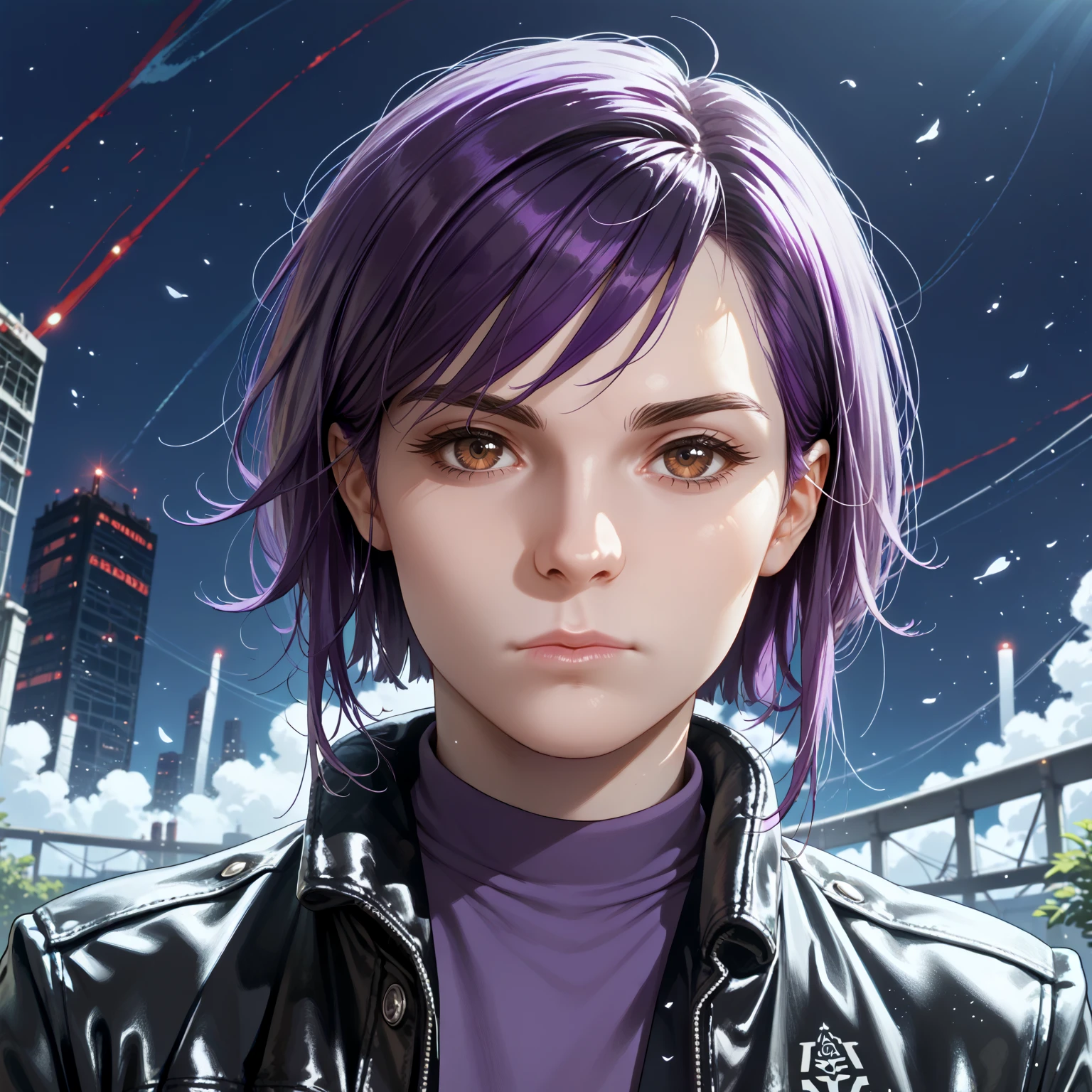 rating_safe, score_9, score_8_up, score_7_up, score_6_up, score_5_up, score_4_up, highres, incredibly absurdres, highly detailed, dim lighting, closed mouth, outdoors, science fiction, solo, BREAK
jellooanh, brown eyes, short hair, purple hair, looking at viewer, black leather jacket, purple shirt
<lora:Jean_Hollywood:0.7>