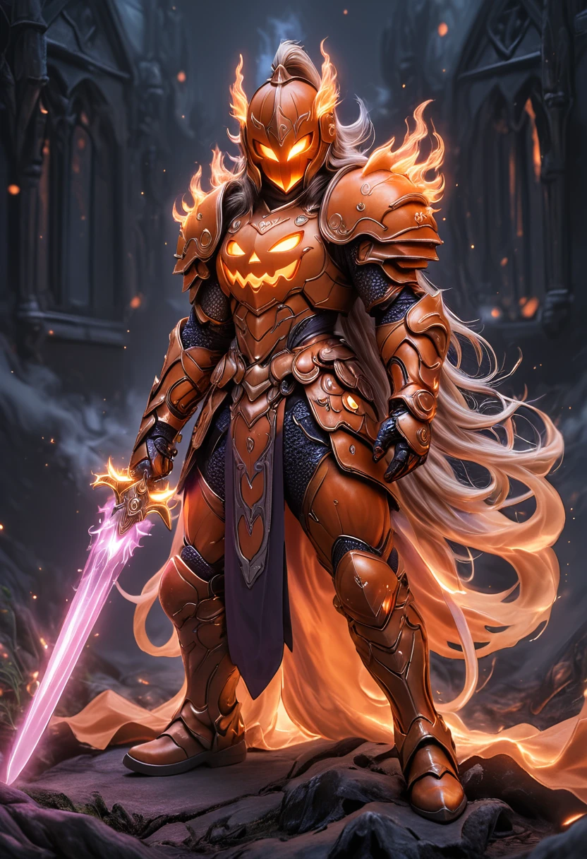 Jackoknight, pumpkin armor, pumpkin helmet, weapon, armor, sword, full armor, long hair, holding weapon, holding sword, glowing, holding, fire, helmet, gauntlets, shoulder armor, very long hair, solo, knight