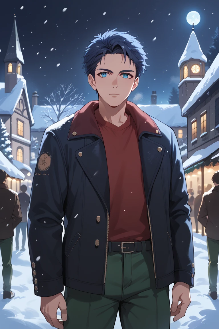 score_9, score_8_up, score_7_up, source_anime, rating_safe, night, dark, dark environment, midnight, winter theme, snow, snowing, blizzard, male focus, cowboy shot, solo focus, ShogoGGLR, blue_ShogoGGLR_eyes, black_ShogoGGLR_short hair, red shirt, green pants, outdoors London, blurry crowd, clocktower, Christmas, selective coloring