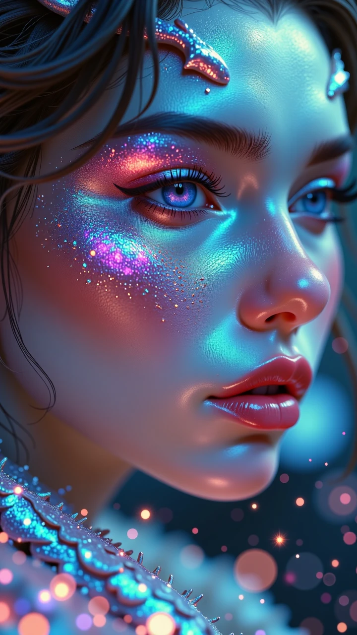 reij-ccnt-nxpctd, accent details, A close-up portrait with iridescent, holographic dragon makeup that catches every glint of light. Behind her, faint sparkles fill the air like dragons breath, casting an otherworldly glow in the dark.<lora:accent_unexpected_r1-000008:0.9>