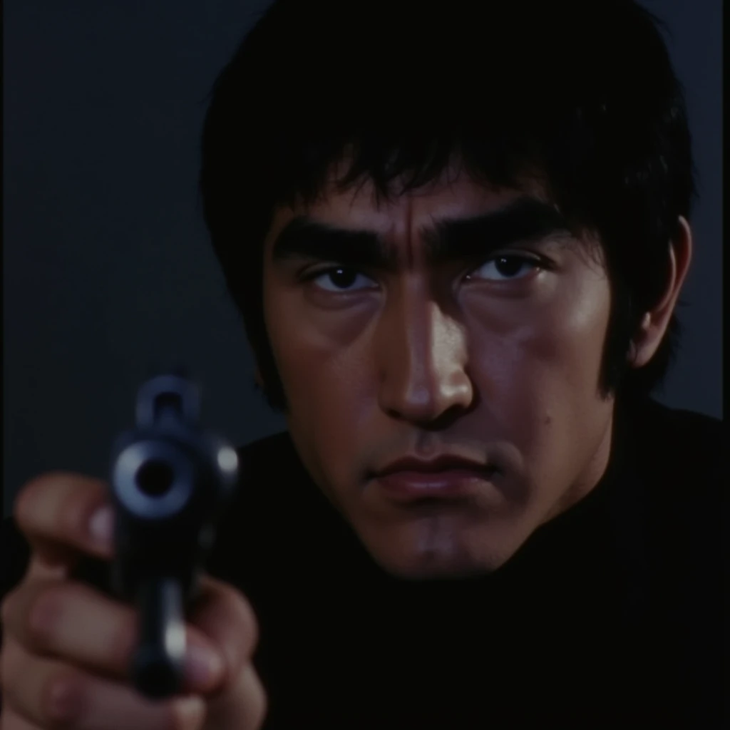 cinematic film still of  <lora:Golgo13 v1:0.5>
Golgo13 a real life action hero style of a Japanese man aiming a handgun pistol at viewers in a dark room with a serious look on his face, perfect image, perfect body, perfect anatomy, sharp image, detailed image, cinematic style, high quality image, Duke Togo style, solo, looking at viewer, black hair, holding, weapon, holding weapon, blurry, gun, portrait, holding gun, handgun, manly, revolver, aiming at viewer, short hair, sideburns, very short hair, aiming, photorealistic, medium shot, real life style, hyperrealism style, realism style, 1980's, shallow depth of field, vignette, highly detailed, high budget, bokeh, cinemascope, moody, epic, gorgeous, film grain, grainy