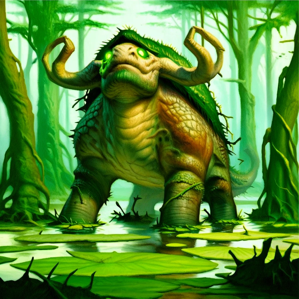 score_9, score_8_up, score_7_up, This is a highly detailed digital artwork depicting a fantastical creature known as a "dragon turtle" in the style of fantasy art. The creature stands in a swampy, dense forest with a rich green canopy. The dragon turtle has a large, muscular body covered in rough, brown scales that give it a rugged texture. Its head is adorned with two large, curved horns that extend upwards and have small, green leaves growing from them, giving it a mystical appearance. The creature's eyes are glowing blue, and it has a long, flowing beard that drapes down its chest.  Surrounding the dragon turtle are various elements of the swampy environment. The ground is covered in a mixture of green moss and mud, with small, spiky plants protruding from the water. The water itself is a murky green, with ripples indicating movement. In the background, the forest trees are tall and thick, their trunks twisting and intertwining, creating a dense, almost impenetrable canopy.