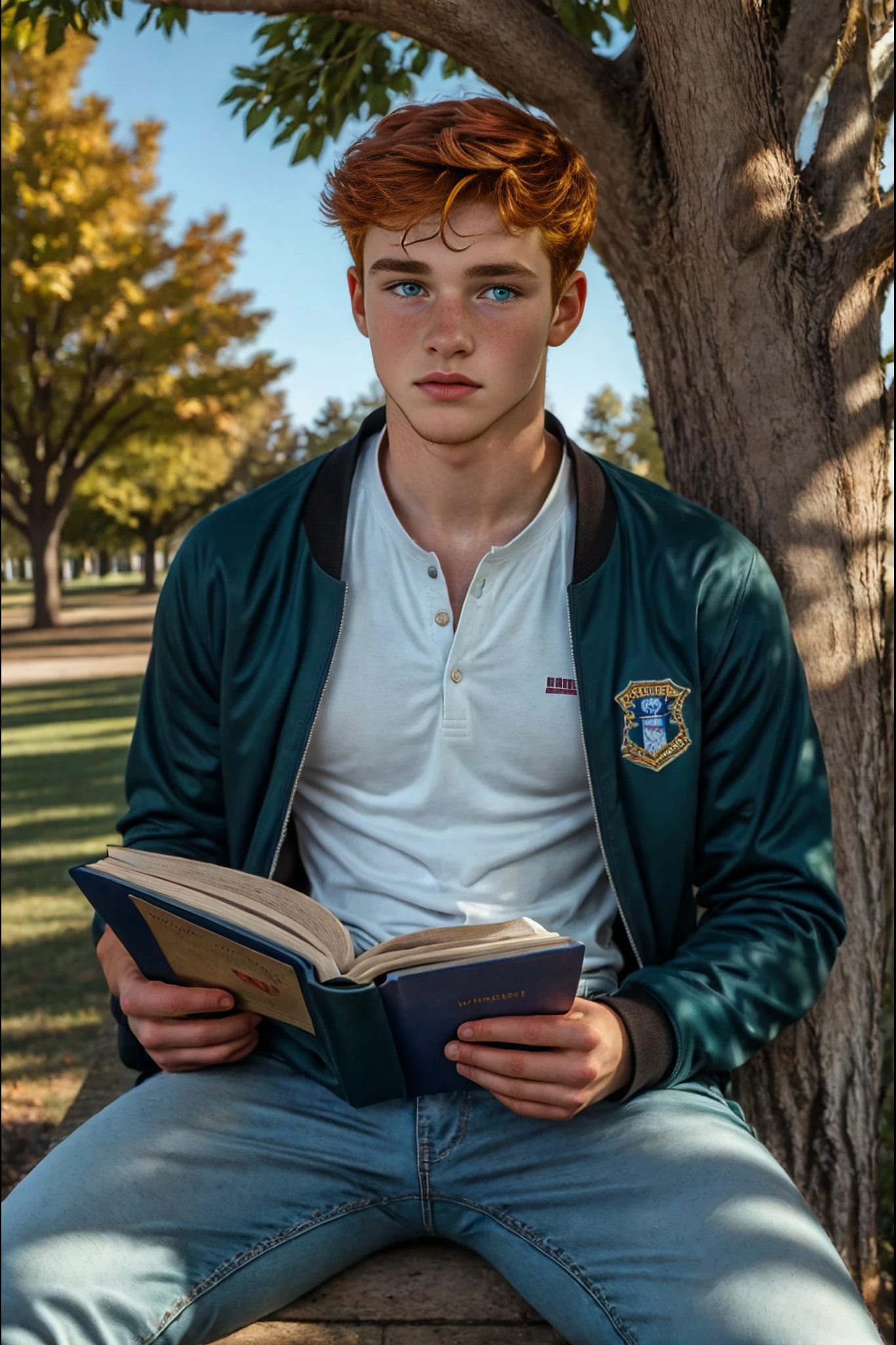 <lora:Red_Westwood_v1_GV:1> 1boy, vivid green eyes, twink, vivid red hair, freckles, Masterpiece, photo-realistic, Crystal clear, highly detailed, college man, professor, wearing a varsity jacket and blue jeans, sitting under a tree on a college campus, reading a book and studying.