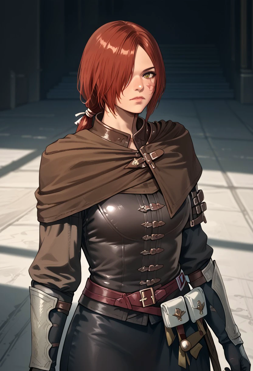 score_9, score_8_up, score_7_up, source_realistic, BREAK 1girl, solo, tarjaffxvi, red hair, facial scar, short hair, hair over one eye, low ponytail, capelet, leather shirt, leather armor, elbow gloves, belts, pouches, skirt,