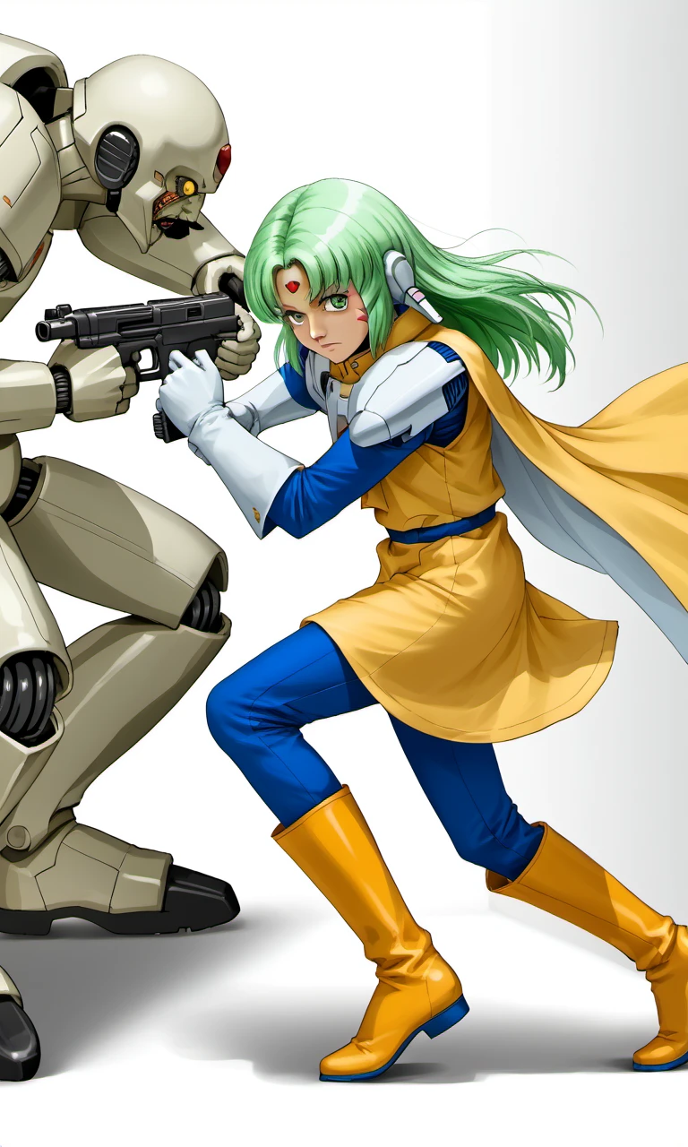 corridor, white walls, fighting stance, fighting with monsters, holds a machinegun, from side, robot joints, furena, 1girl, gynoid, green eyes, green hair, long hair, robot ears, forehead crystal, yellow tunic, white shoulder pads, blue sleeves, white gloves, yellow cape, blue pants, yellow thigh boots, rifle, 