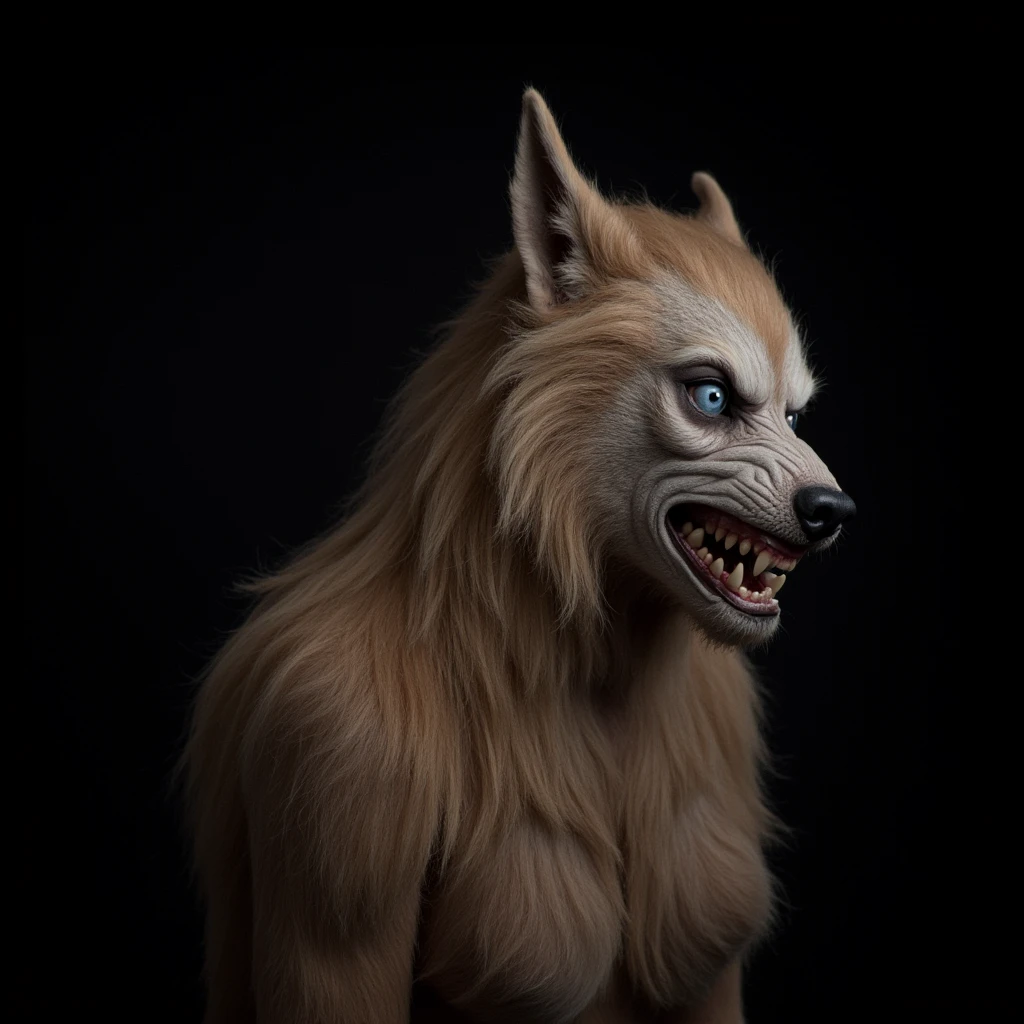 UHD, 4k, ultra detailed, cinematic, a photograph of <lora:Werewolf style v1:0.7>
a realisticWerewolf woman posing with a profile look Werewolf Style, solo, long hair, blue eyes, simple background, blonde hair, animal ears, teeth, no humans, sharp teeth, black background, portrait, furry, cat ears, realistic female werewolf style, blue werewolf eyes, profile, medium closeup, epic, beautiful lighting, inpsiring