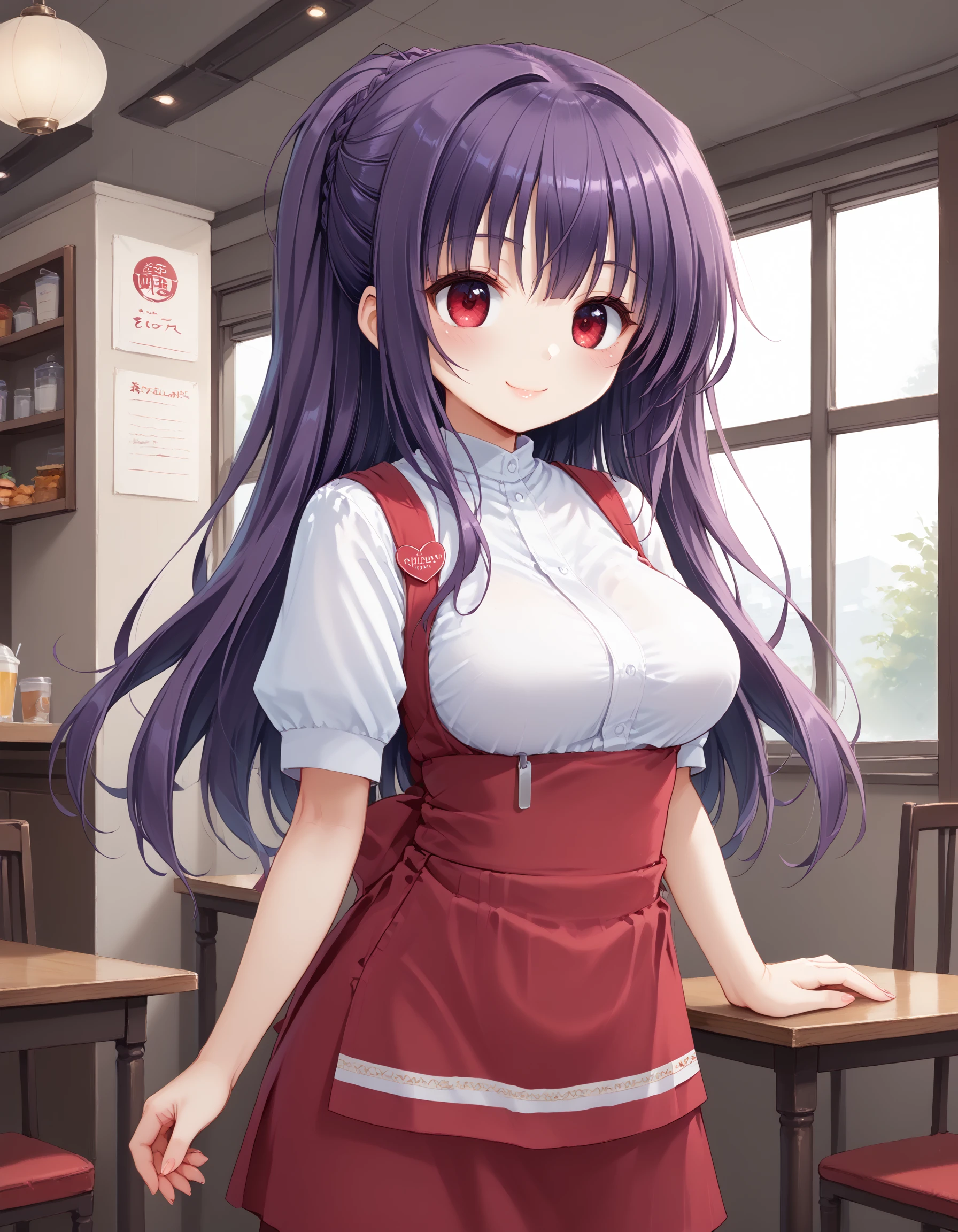 score_9, score_8_up, score_7_up, source_anime, highres, solo, solo focus, 1girl, in cafe, <lora:takasu-miyabi_Prima_Stella_Atelier_Kaguya:0.7> miyabi, purple hair, red eyes, large breasts, smile,
BREAK <lora:annamiller_Pony_v1:0.8> anna miller, waitress, name tag, high-waist skirt, suspender skirt, apron,