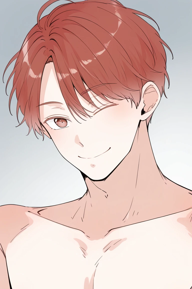 Boy, slim body, Cute, bright eyes, green eyes, short red hair, in the bedroom, looks at the viewer, shy, naked boy, nude boy chest, upper body image, spread legs, dick, sexy, wet body, hands on hips, cum, excited smile, ass, back view, lying in bed, lying on his stomach, hands on ass